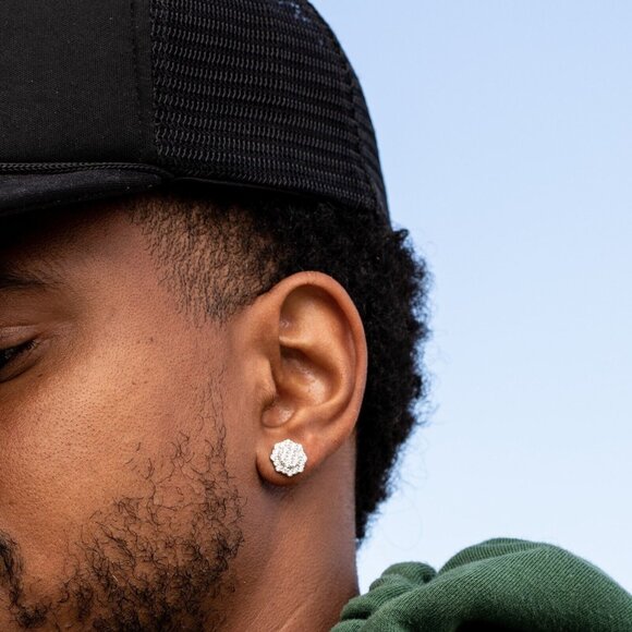 White Gold 925 Sterling Silver Men's Hip Hop Octagon Cz Cluster Stud Earrings - Picture 3 of 5